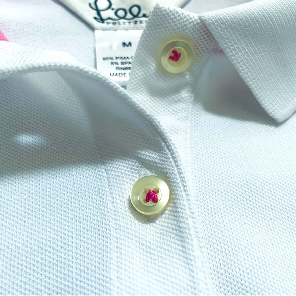 Lilly Pulitzer•M•Vintage White/Hot Pink Polo Shirt•95% Pima Cotton~5% Spandex🌼 - Picture 4 of 9